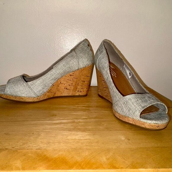 TOMS Cork Wedge Peep Toe Sandals, Boho Woven Silver Tweed Platform Heels Size 9 - Picture 5 of 10